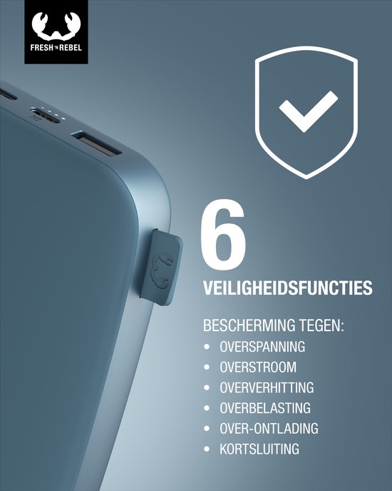 Detail van de blauwe powerbank met de tekst '6 VEILIGHEIDSFUNCTIES' en een lijst van beveiligingen.