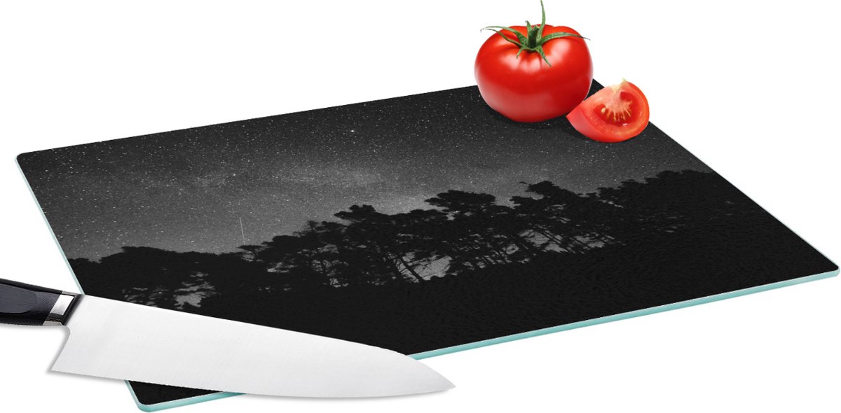Glazen Snijplank - 39x28 - Sterrenhemel - Bos - Hemel - Zwart - Bomen - Snijplanken Glas