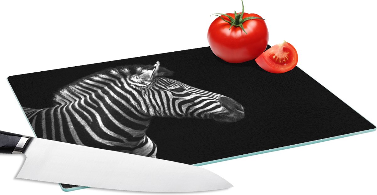 Glazen Snijplank - 28x20 - Zebra - Zwart - Wit - Portret - Dieren - Snijplanken Glas
