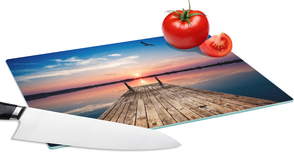 Glazen Snijplank - 28x20 - Steiger - Water - Zonsondergang - Roze - Horizon - Snijplanken Glas