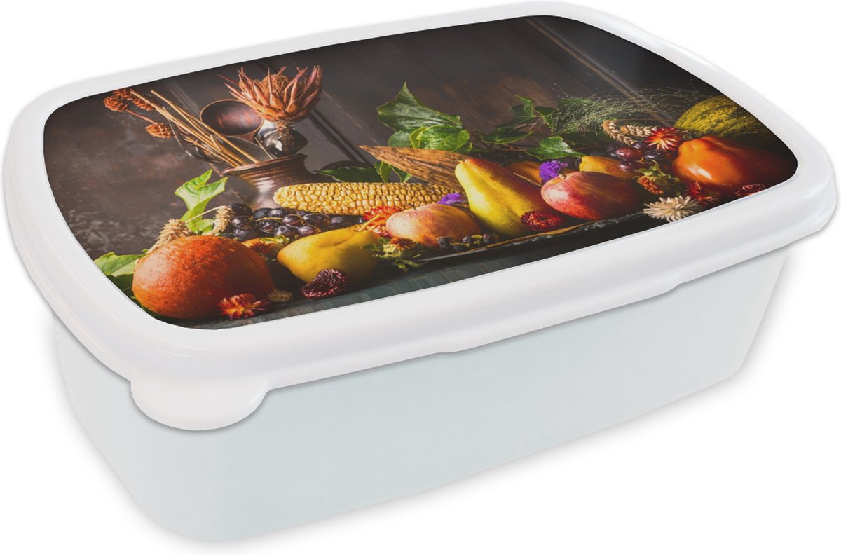 Broodtrommel Wit - Lunchbox - Brooddoos - Groente - Fruit - Rustiek - Tafel - 18x12x6 cm - Volwassenen