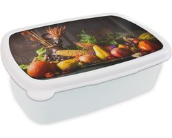 Broodtrommel Wit - Lunchbox - Brooddoos - Groente - Fruit - Rustiek - Tafel - 18x12x6 cm - Volwassenen