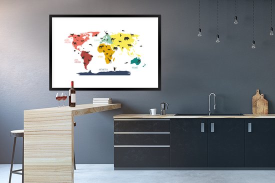 Wereldkaart Enfants - Animaux - Couleurs - Affiche scolaire - Chambre d'enfants - 120x80 cm