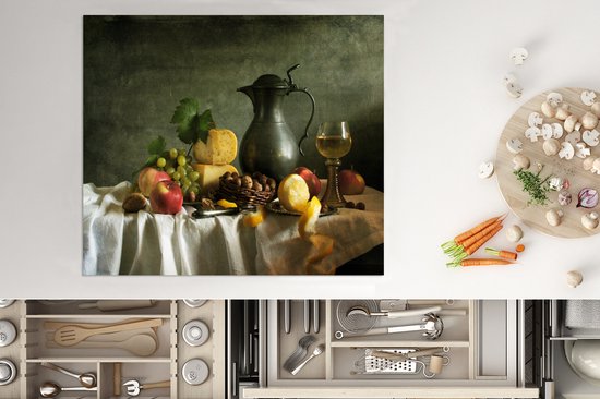 KitchenYeah® Inductie beschermer 75x52 cm - Rustiek - Kaas - Theekan - Fruit - Stilleven - Kookplaataccessoires - Afdekplaat voor kookplaat - Inductiebeschermer - Inductiemat - Inductieplaat mat
