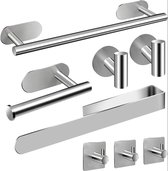 Handdoekenrek Set - 8 stuks - Badkamer Accessoires - zonder Boren - Zelfklevende - Handdoekrail - Voor Badkamer - Keuken – Roestvrij staal - (geborsteld)