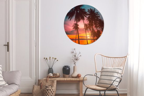 WallCircle - Cercle Mural - Cercle Mural - Mer - Palmier - Coucher de Soleil - Plage - Silhouette - Aluminium - Dibond - 90x90 cm - Intérieur et Extérieur
