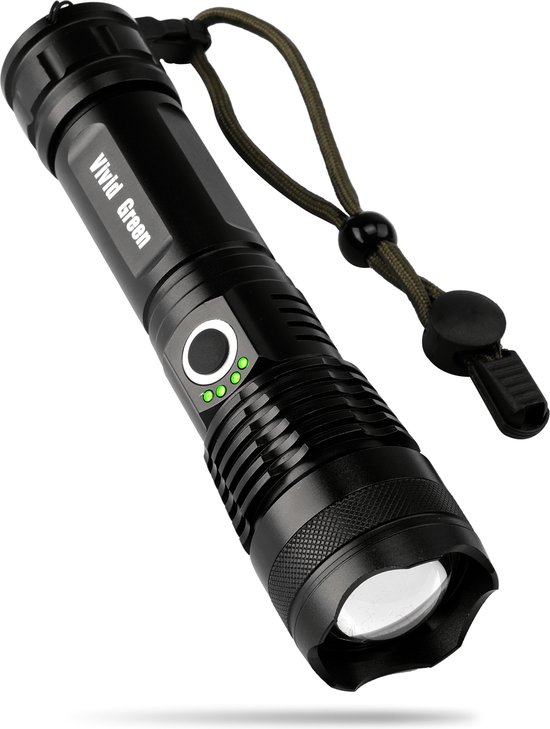 Zaklamp LED 5000mAh Oplaadbaar - Militaire - 2500 Lumen - Zwart - Vivid Green