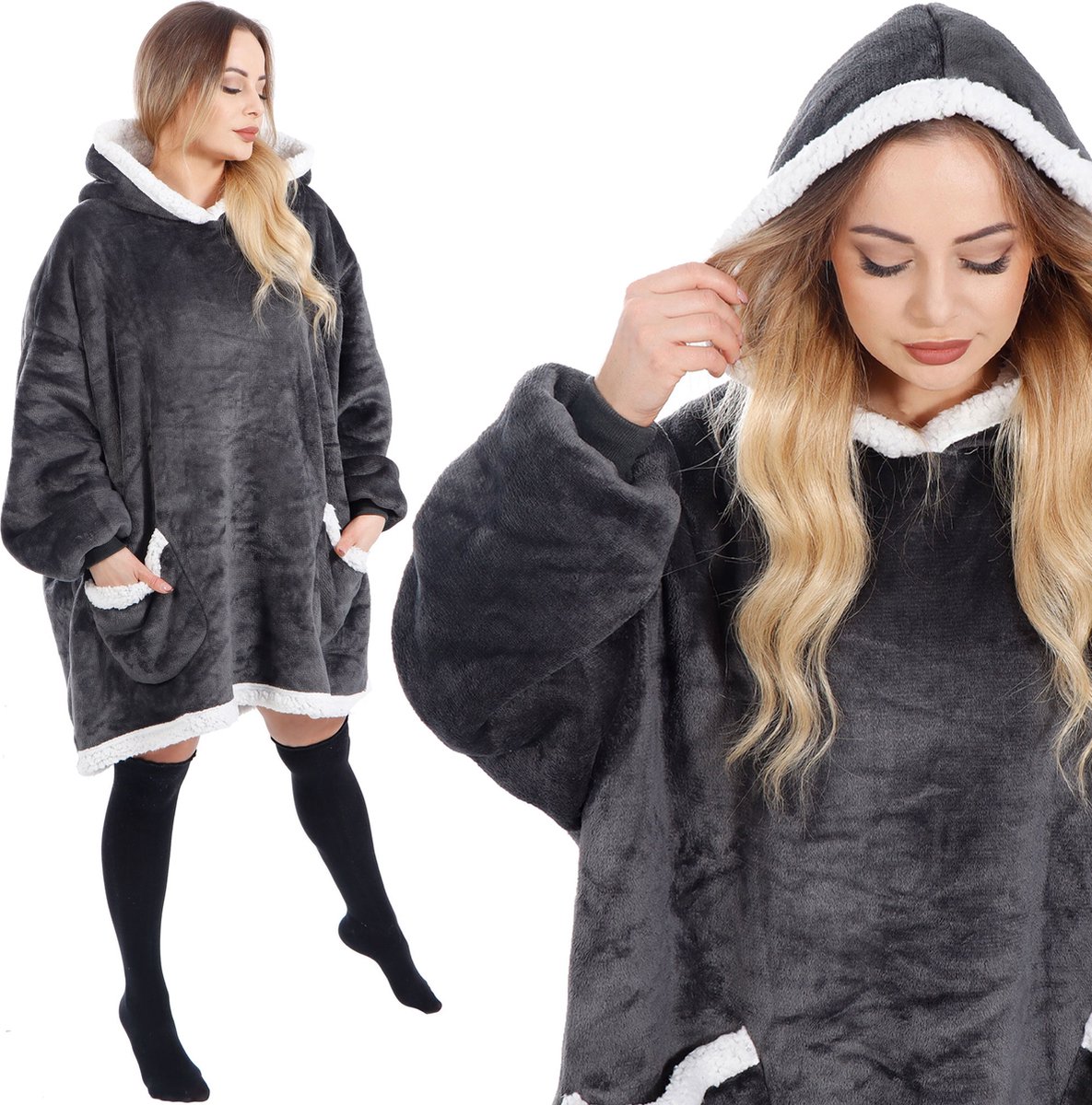 Springos Hoodie Deken - Deken Met Mouwen - One Size - Grafiet/Wit