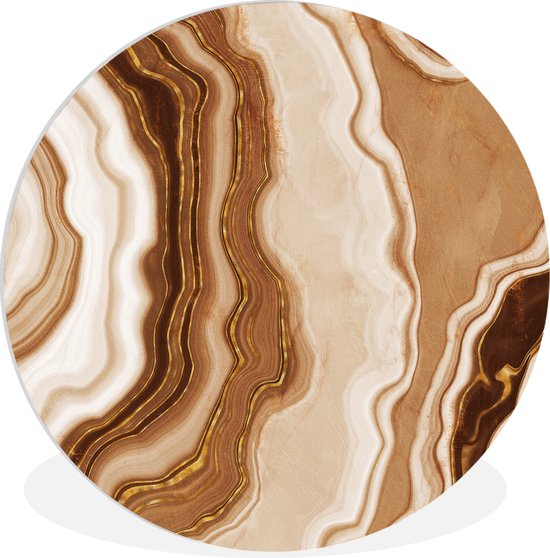 Ronde wanddecoratie met agaatprint in bruine en beige tinten met gouden accenten.