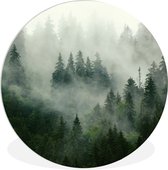 Wandcirkel - Bos - Mist - Natuur - Bomen - Ronde schilderijen - Muurdecoratie cirkel - 90x90 cm - Ronde wanddecoratie - Woonkamer - Muurcirkel
