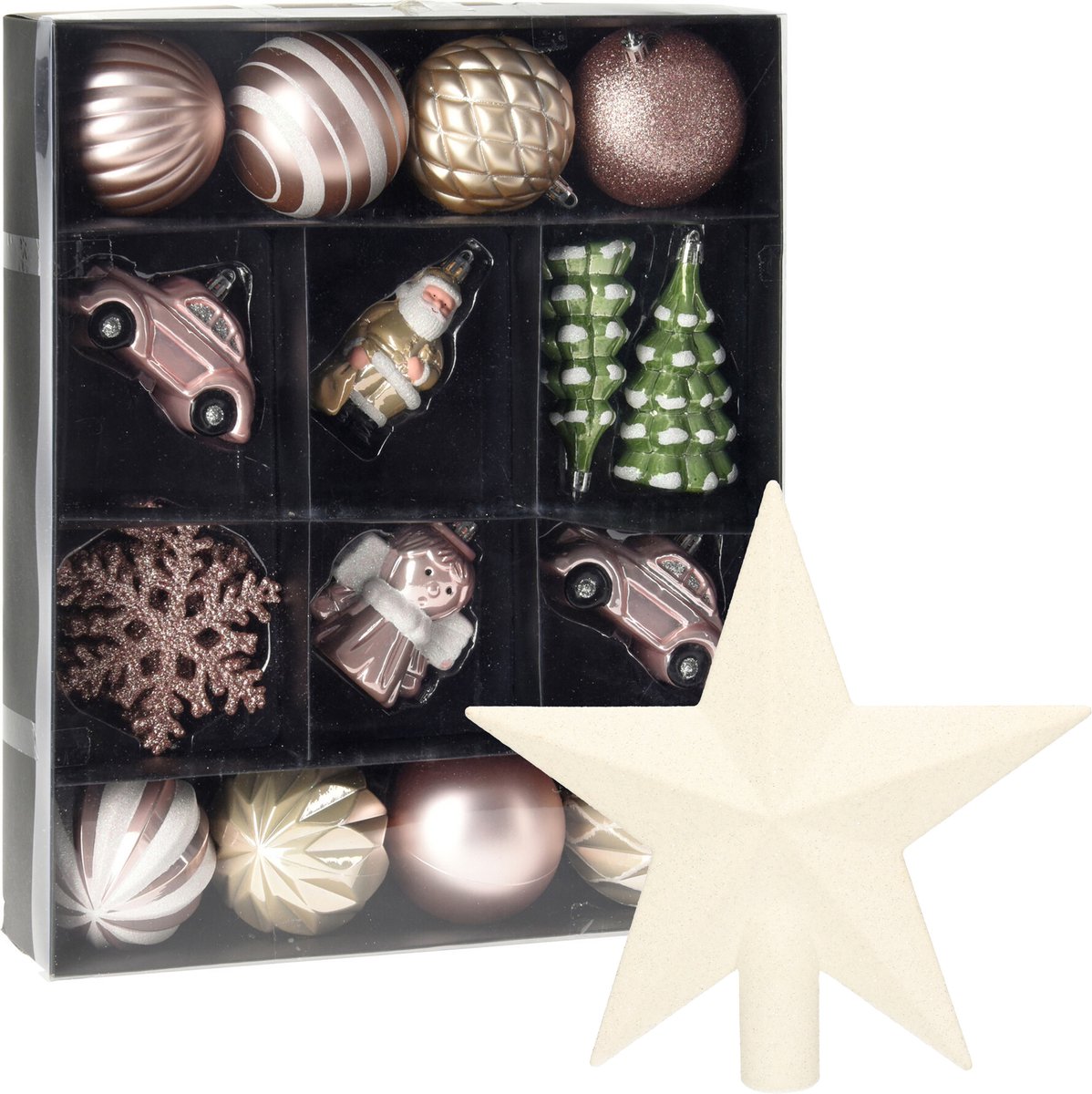 Christmas Decorations Kerstballen en ornamenten - incl. ster piek - lichtroze/wit - kunststof