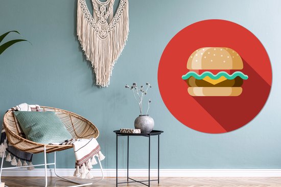 Une icône illustration d'un hamburger sur fond rouge. Cercle mural aluminium ⌀ 140 cm