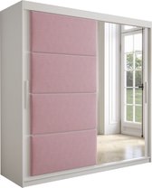 InspireMe - Kledingkast met 2 schuifdeuren, Modern-stijl, Kledingkast met planken, Kastfronten met spiegel en gestoffeerde panelen (BxHxD): 200x200x62 - TAPILA 200 - Wit Mat + Roze met 4 lades