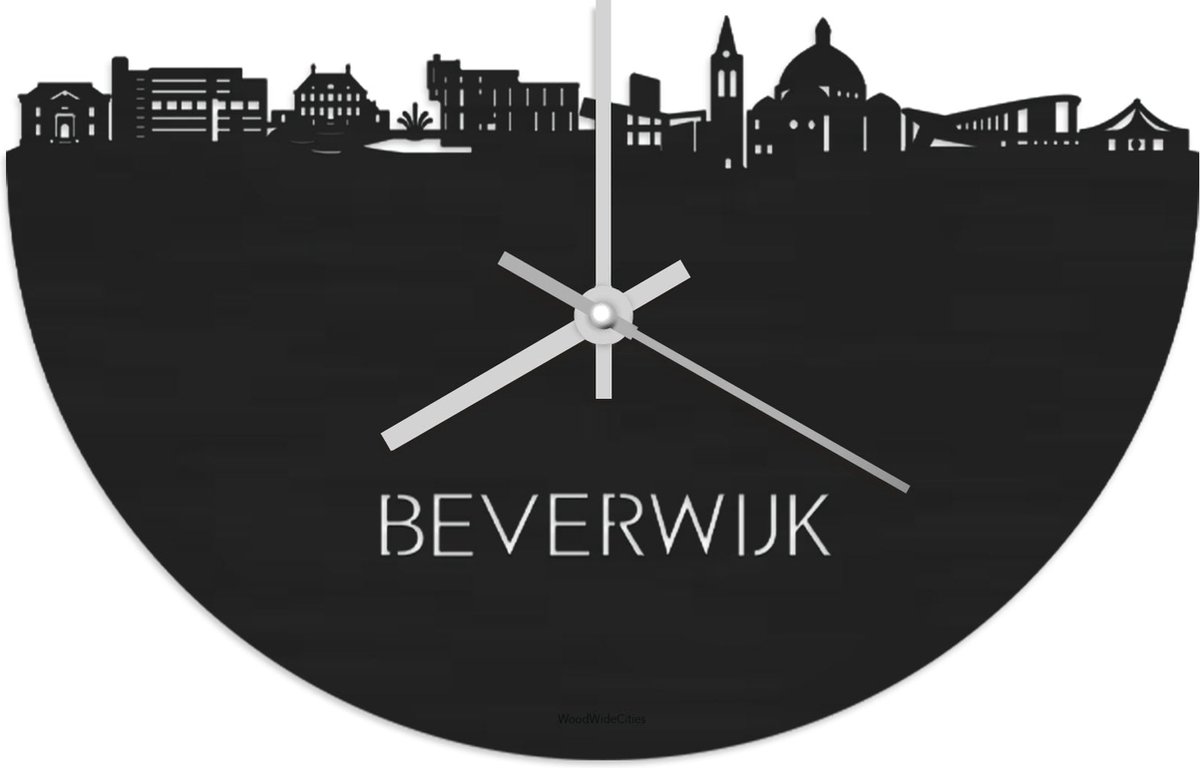 Skyline Klok Beverwijk Zwart hout - Ø 40 cm - Stil uurwerk - Wanddecoratie - Meer steden beschikbaar - Woonkamer idee - Woondecoratie - City Art - Steden kunst - Cadeau voor hem - Cadeau voor haar - Jubileum - Trouwerij - Housewarming -