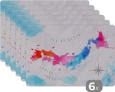 Placemat kinderen - Placemat - Placemats kunststof - Kaart - Kleur - Japan - 45x30 cm - 6 stuks - Hittebestendig - Anti-Slip - Onderlegger - Afneembaar