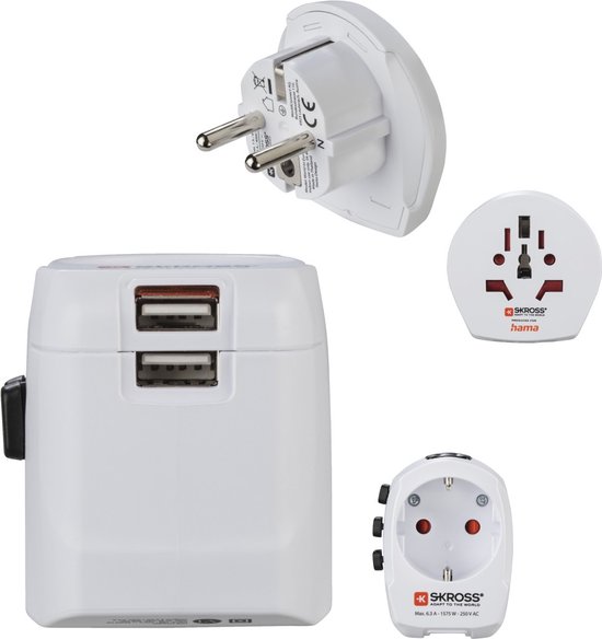 Set van witte reisstekkers: een wereldstekker met twee USB-A poorten, een wereld-naar-Europa adapter en een losse adapter.