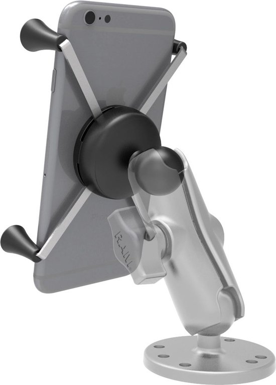 Zilverkleurige RAM Mounts montagearm met zwarte X-Grip houder die een grijze smartphone vasthoudt.