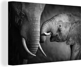 Canvas schilderij - Wilde dieren - Olifanten - Zwart - Wit - Woonkamer - Canvas - 150x100 cm - Muurdecoratie - Canvas doek