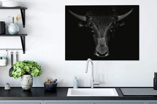 Toile - Animaux - Taureau - Zwart - Wit - Photo sur toile - 80x60 cm - Salon - Peintures sur toile