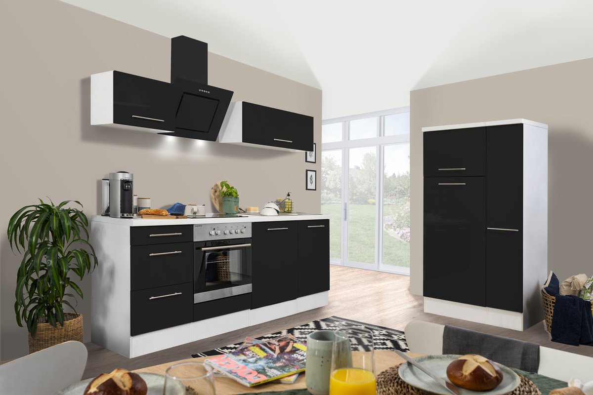 Goedkope keuken 310 cm - complete keuken met apparatuur Amanda - Wit/Zwart - soft close - keramische kookplaat - vaatwasser - afzuigkap - oven - spoelbak