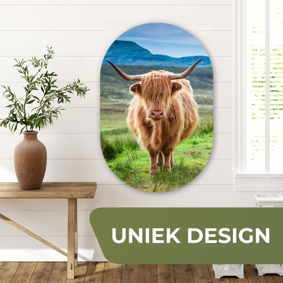 Ovale Mural - Décoration murale Plastique - Peinture Ovale - Highlander écossais - Vache - Nature - Berg - Herbe - 60x90 cm - Forme miroir ovale sur plastique