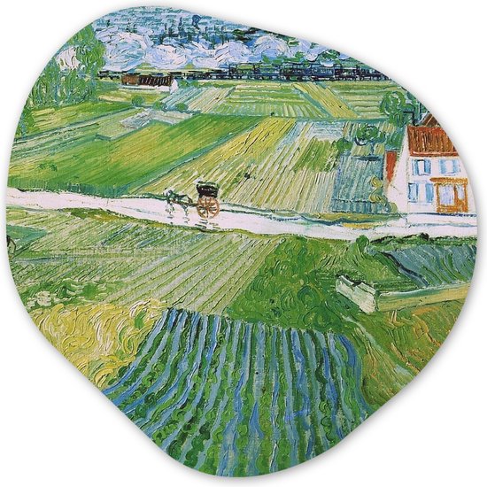 Organische Wanddecoratie - Kunststof Muurdecoratie- Organisch Schilderij - Landschap met koets en trein - Vincent van Gogh- 40x40 cm - Asymmetrische spiegel vorm op kunststof