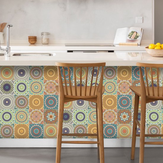 Ulticool Décoration Stickers carrelages - Mandala Soleil Bloem Oranje Vert Blauw - Cuisine cm - 15 pièces