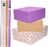 Paquet de 8 rouleaux de papier d'aluminium transparent/papier d'emballage - violet/marron/blanc avec coeurs 200 x 70 cm - cadeau/couvertures/papier d'expédition/cellophane