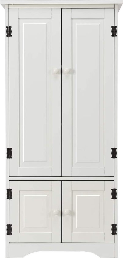 FOREHILL Keukenkast Hoge Opbergkast Witte Vitrinekast Hoge Boekenkast Badkamer Opbergunit, met Lade 4 Deuren en Open Plank Houten 60x30x180cm