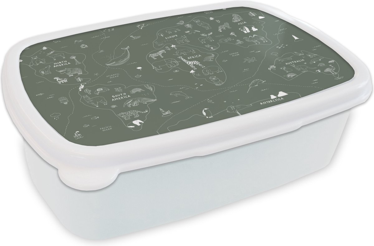 Broodtrommel Wit - Lunchbox - Brooddoos - Kaart - Wereld - Kinderen - Groen - 18x12x6 cm - Volwassenen