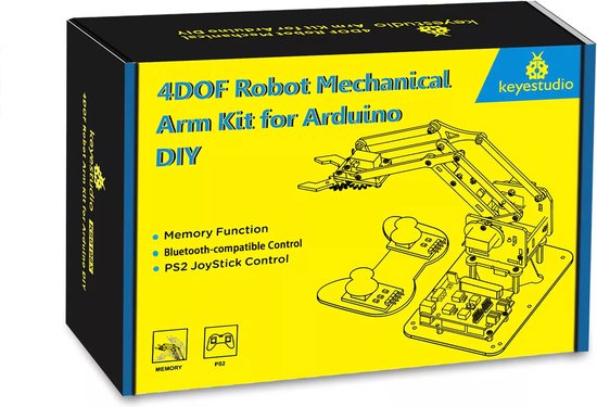Doos met de Keyestudio 4DOF Robot Arm Kit voor Arduino DIY. Geel met zwarte opdruk. Kenmerken: Memory Function, Bluetooth-compatible Control, PS2 JoyStick Control.