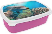 Broodtrommel Roze - Lunchbox - Brooddoos - Dolfijn - Zee - Koraal - 18x12x6 cm - Kinderen - Meisje