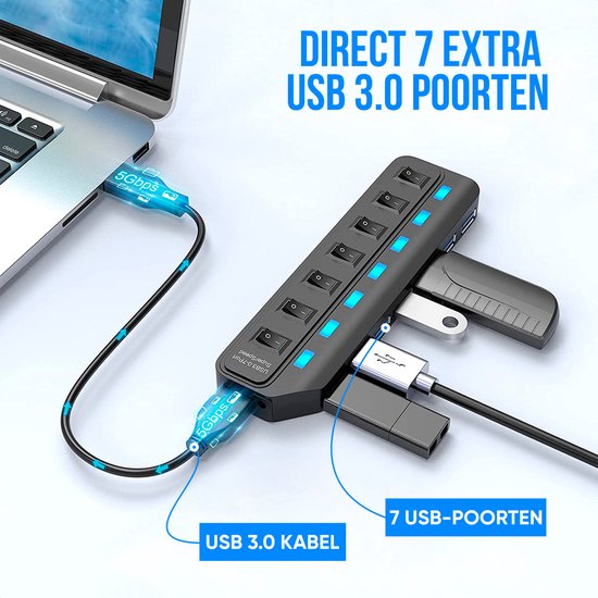 Hub USB 3.0 noir à 7 ports, connecté à un ordinateur portable. Affiche "Direct 7 ports USB 3.0 supplémentaires" et "Câble USB 3.0" à 5 Gbps.