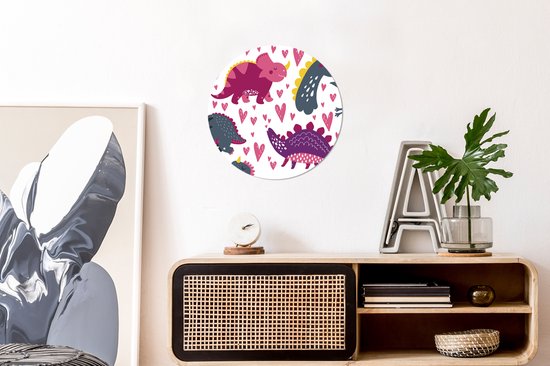 WallCircle - Wandcirkel - Muurcirkel - Dino - Hart - Patronen - Roze - Meisjes - Dinosaurus - Aluminium - Dibond - ⌀ 30 cm - Binnen en Buiten