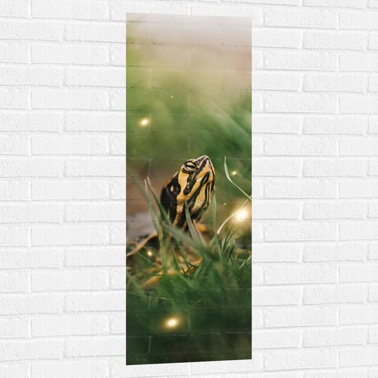 WallClassics - Muursticker - Zwart met Gele Slang tussen het Groene Gras - 40x120 cm Foto op Muursticker