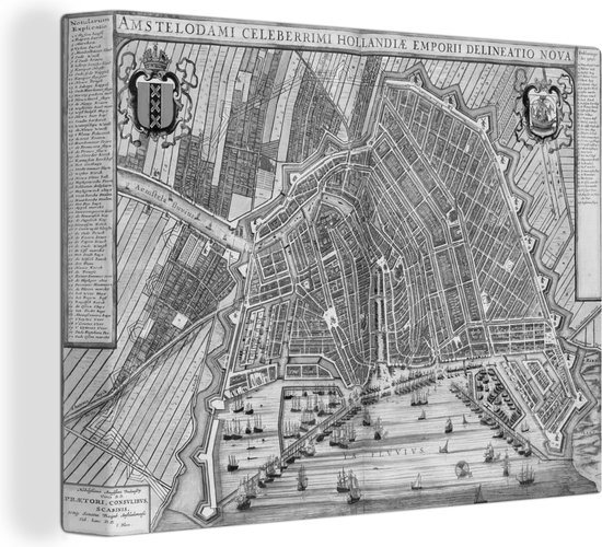 Plan de ville historique en noir et blanc de la Hollande du Nord Amsterdam Canvas - Carte 40x30 cm - petit - Tirage photo sur toile (Décoration murale salon / chambre)