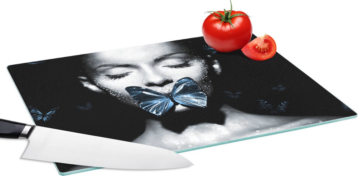 Glazen Snijplank - 39x28 - Vrouw - Vlinder - Luxe - Snijplanken Glas