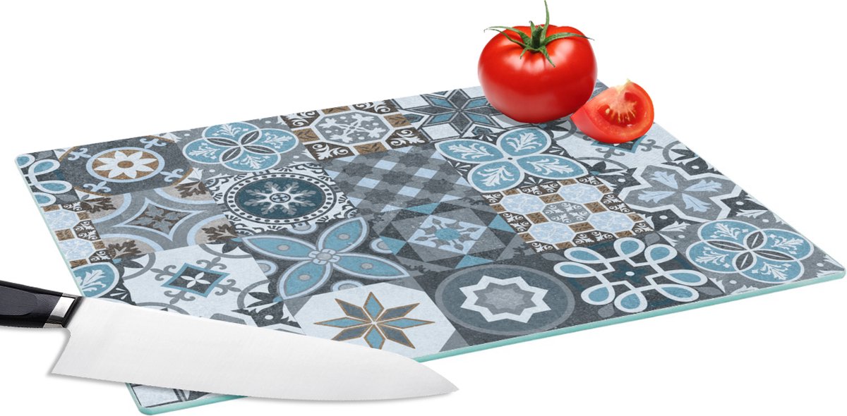 Glazen Snijplank - 39x28 - Design - Bloem - Blauw - Figuren - Snijplanken Glas