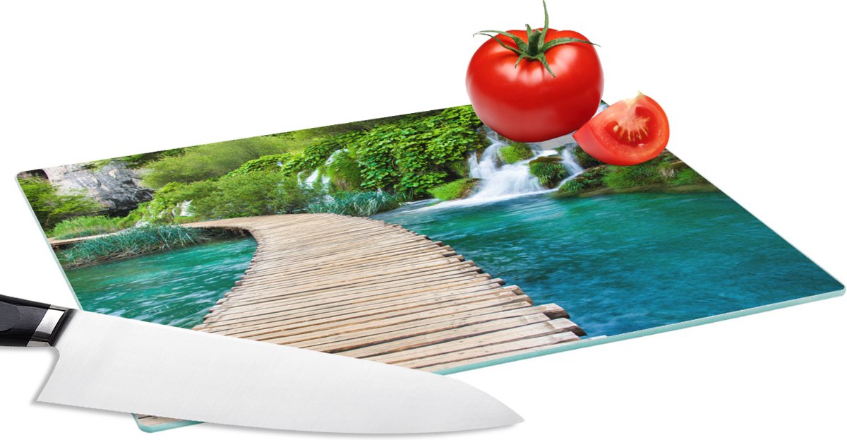 Glazen Snijplank - 28x20 - Brug - Water - Planten - Waterval - Groen - Snijplanken Glas