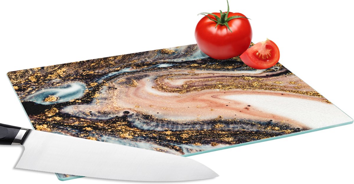 Glazen Snijplank - 28x20 - Marmerlook - Goud - Zwart - Glitter - Chic - Snijplanken Glas
