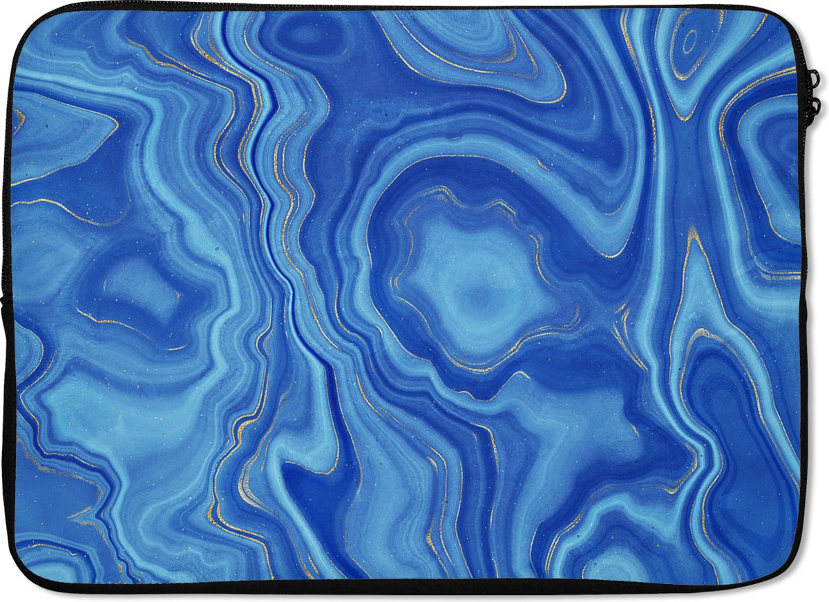 Laptophoes 13 inch - Blauw - Agaat geode - Stenen - Marmer print - Laptop sleeve - Binnenmaat 32x22,5 cm - Zwarte achterkant
