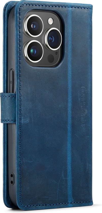 Blauw lederen portemonnee-hoesje voor iPhone 14 Pro, achterkant zichtbaar met cameralensuitsparing.