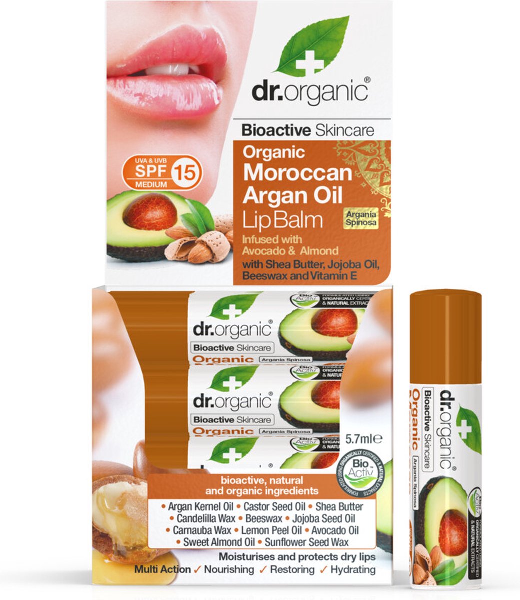 Dr. Organic Marrokaanse Arganolie Lippenbalsem met Avocado - 16 x 5,7 ml - Voordeelverpakking