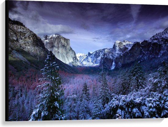 WallClassics - Toile - Montagnes enneigées avec Arbres et rochers - 100x75 cm Photo sur toile (Décoration murale sur toile)