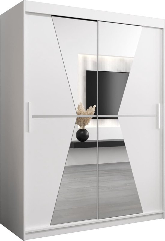 Witte kledingkast met twee spiegelende schuifdeuren met grijze accenten, studio opname.
