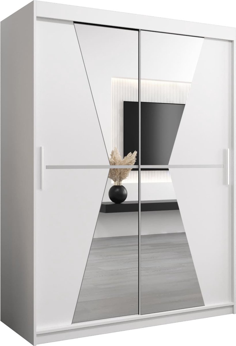 InspireME Kledingkast met 2 schuifdeuren, Modern-stijl, Een kledingkast met planken en een spiegel (BxHxD): 150x200x62 - TOTO 150 Wit Mat