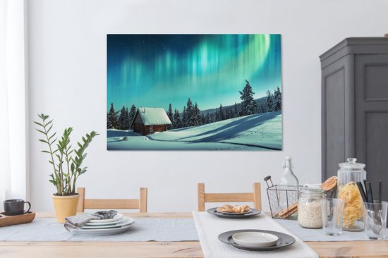 Tableau sur toile Aurores boréales - Neige - Maison - Hiver - 120x80 cm - Décoration murale