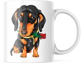 Dog Lover Mok met afbeelding: teckel met roos | Honden Liefhebber | Honden Spreuk | Cadeau | Grappige mok | Koffiemok | Koffiebeker | Theemok | Theebeker