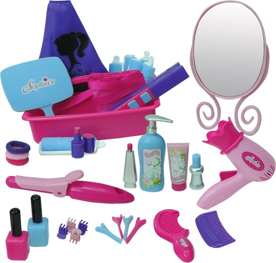 Roze kappersset met föhn, stijltang, kam, spiegel, make-up en nagellak.