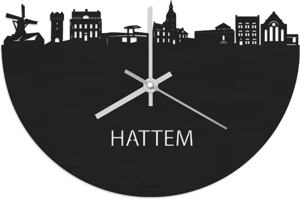 Skyline Klok Hattem Zwart hout - Ø 40 cm - Stil uurwerk - Wanddecoratie - Meer steden beschikbaar - Woonkamer idee - Woondecoratie - City Art - Steden kunst - Cadeau voor hem - Cadeau voor haar - Jubileum - Trouwerij - Housewarming - WoodWideCities